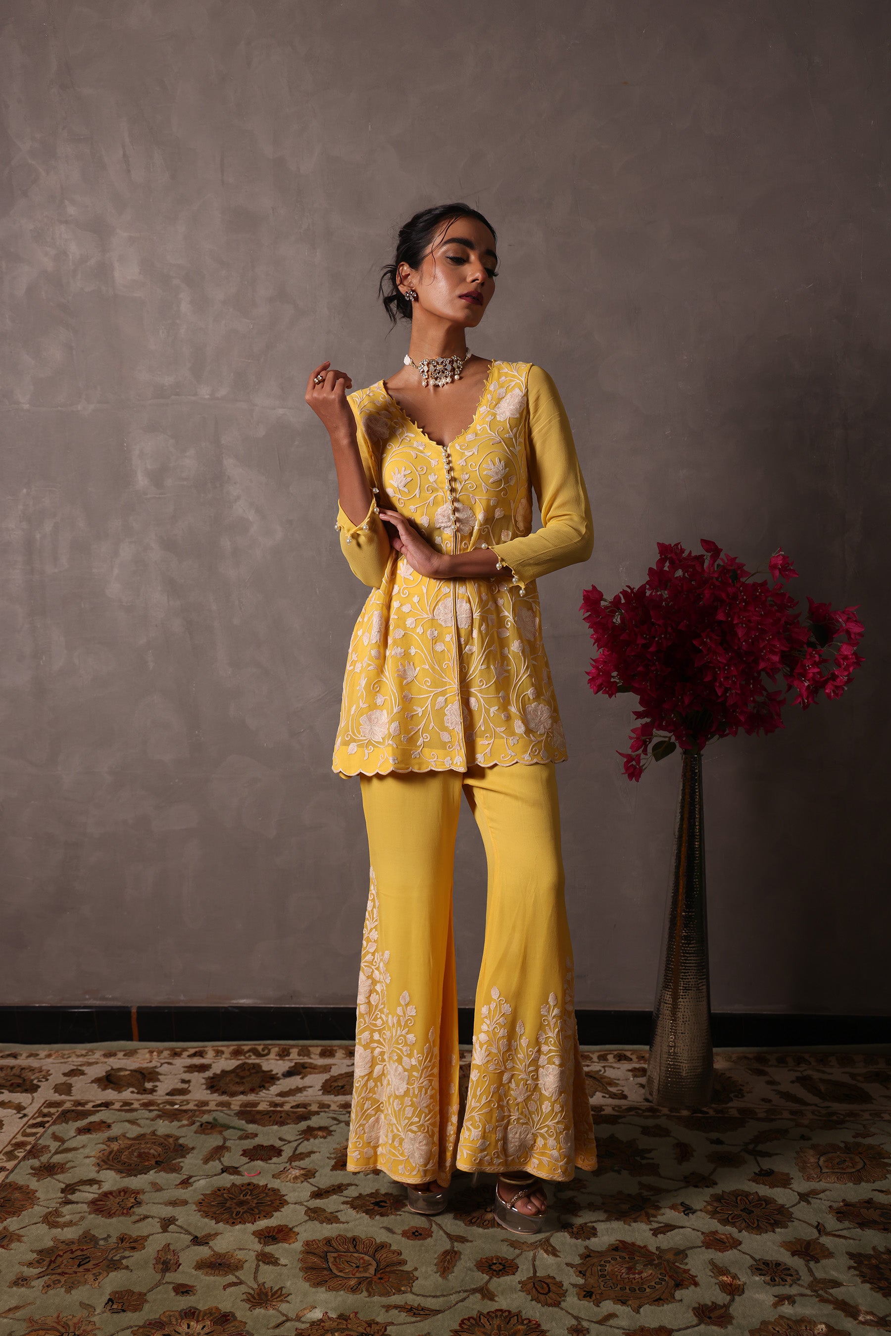 Yellow Georgette Short Kurta Set