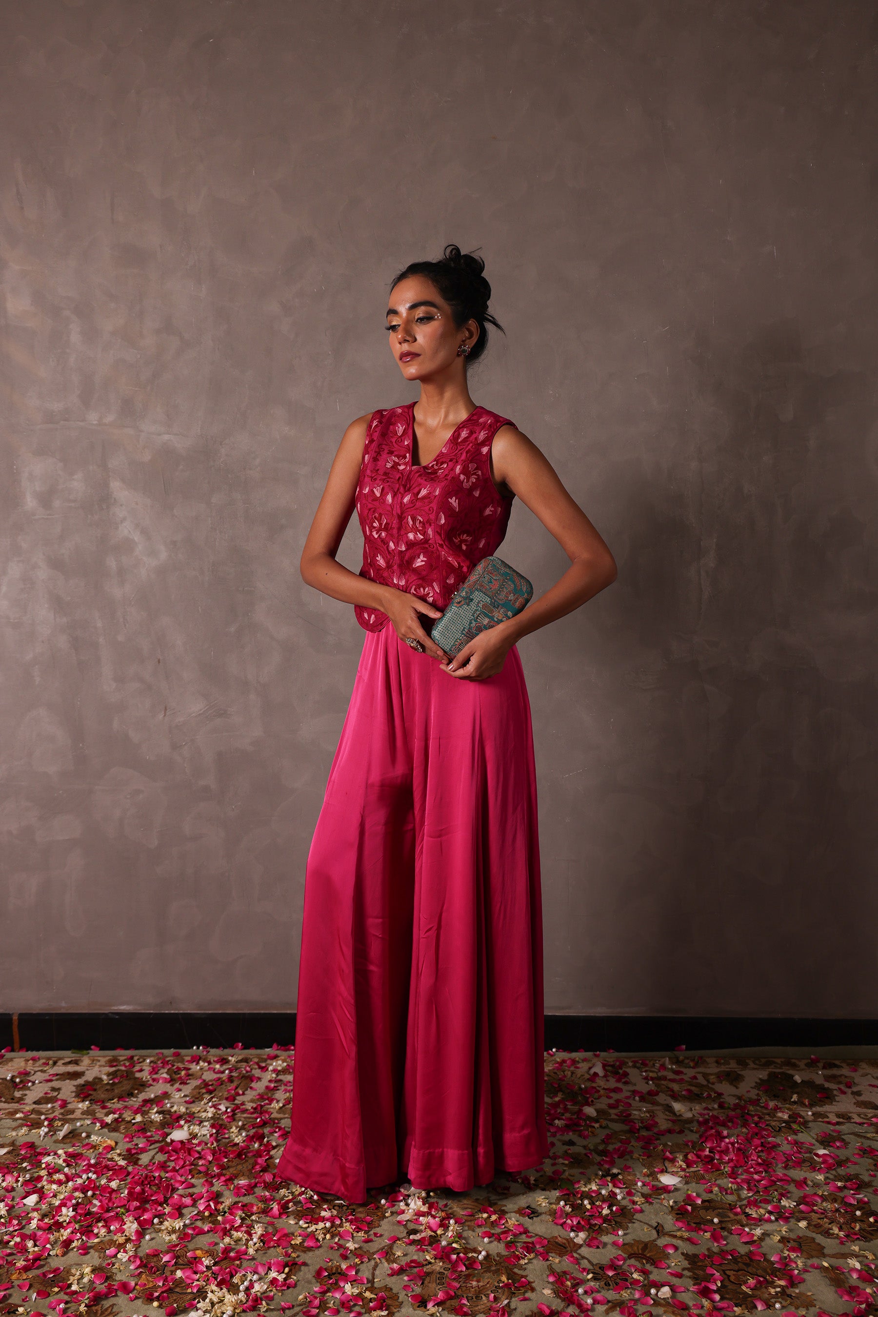 Hot Pink Kashmiri Raw Silk Sharara Jacket Set