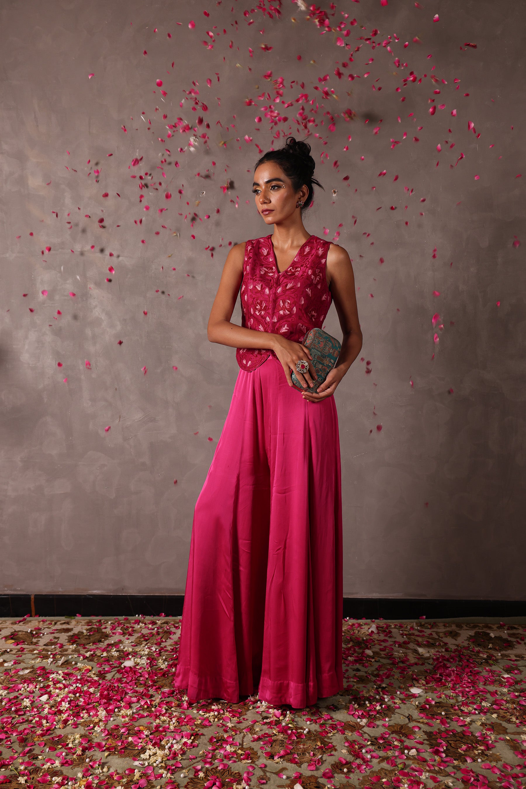 Hot Pink Kashmiri Raw Silk Sharara Jacket Set