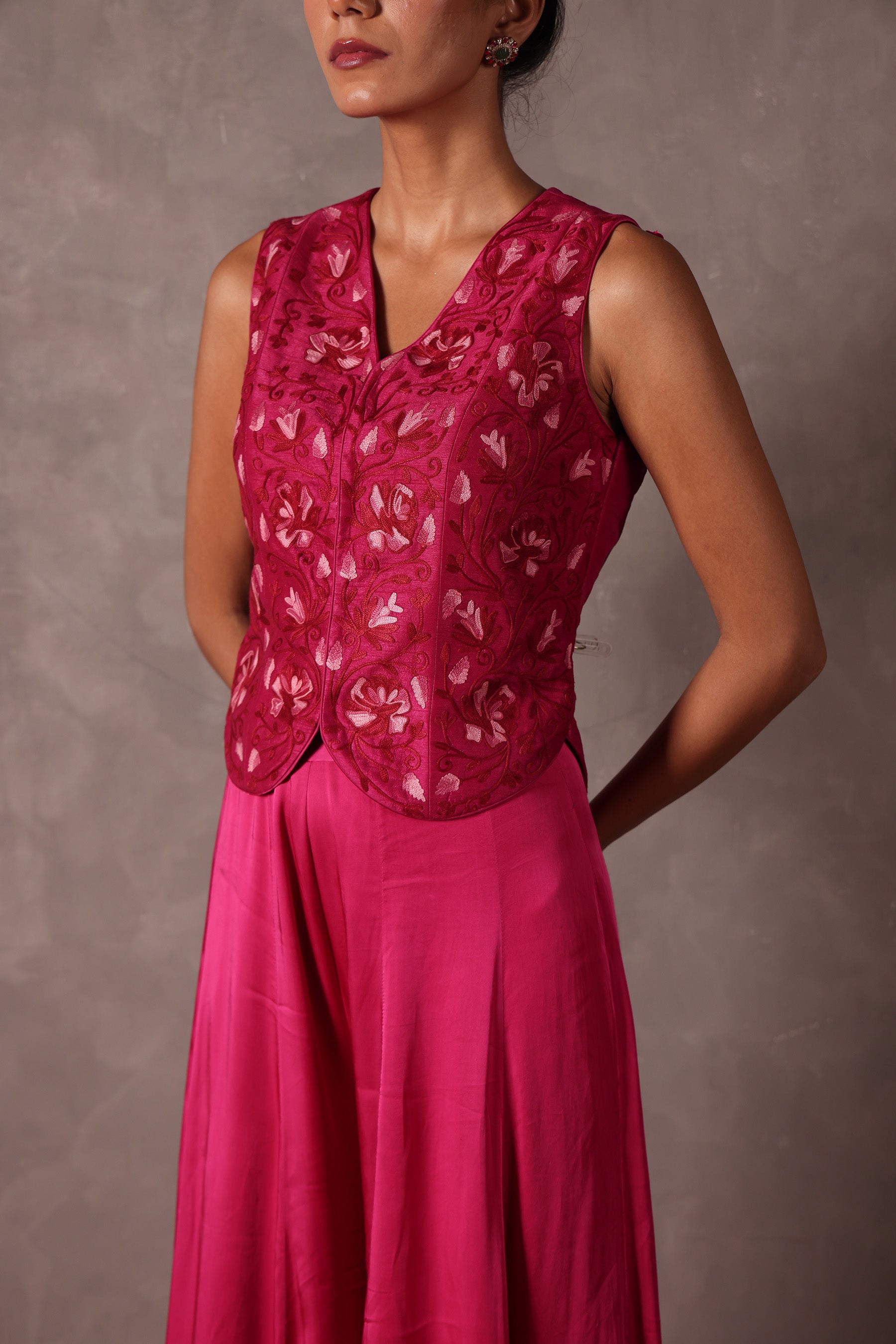 Hot Pink Kashmiri Raw Silk Sharara Jacket Set