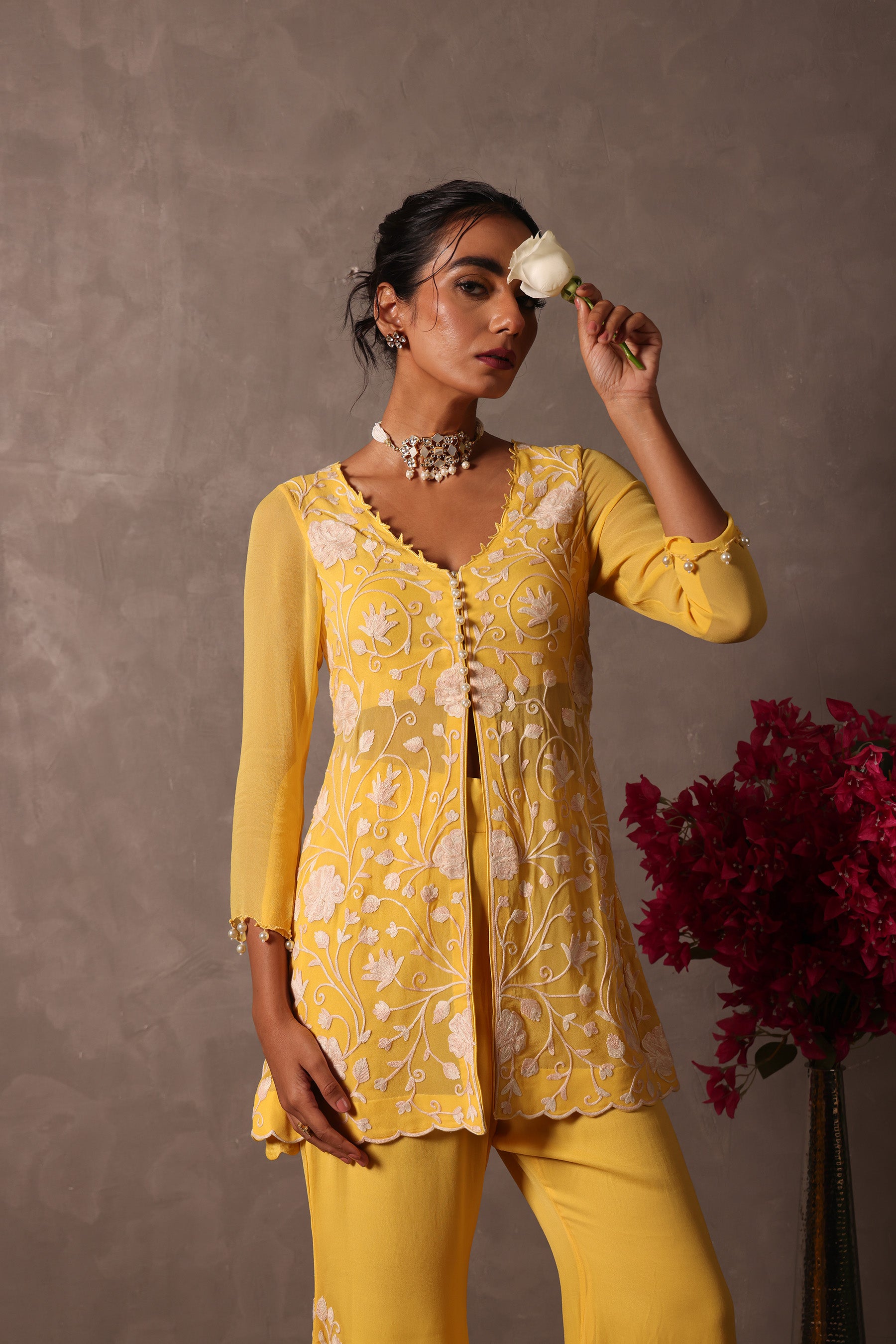 Yellow Georgette Short Kurta Set