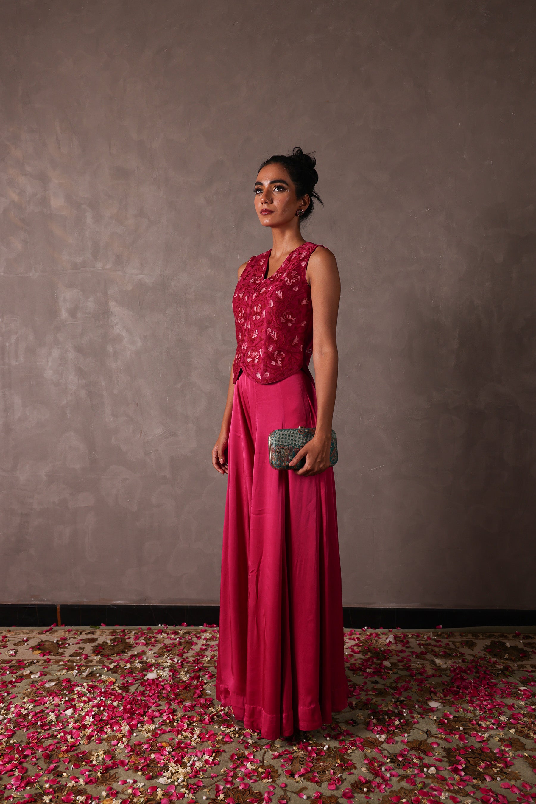 Hot Pink Kashmiri Raw Silk Sharara Jacket Set