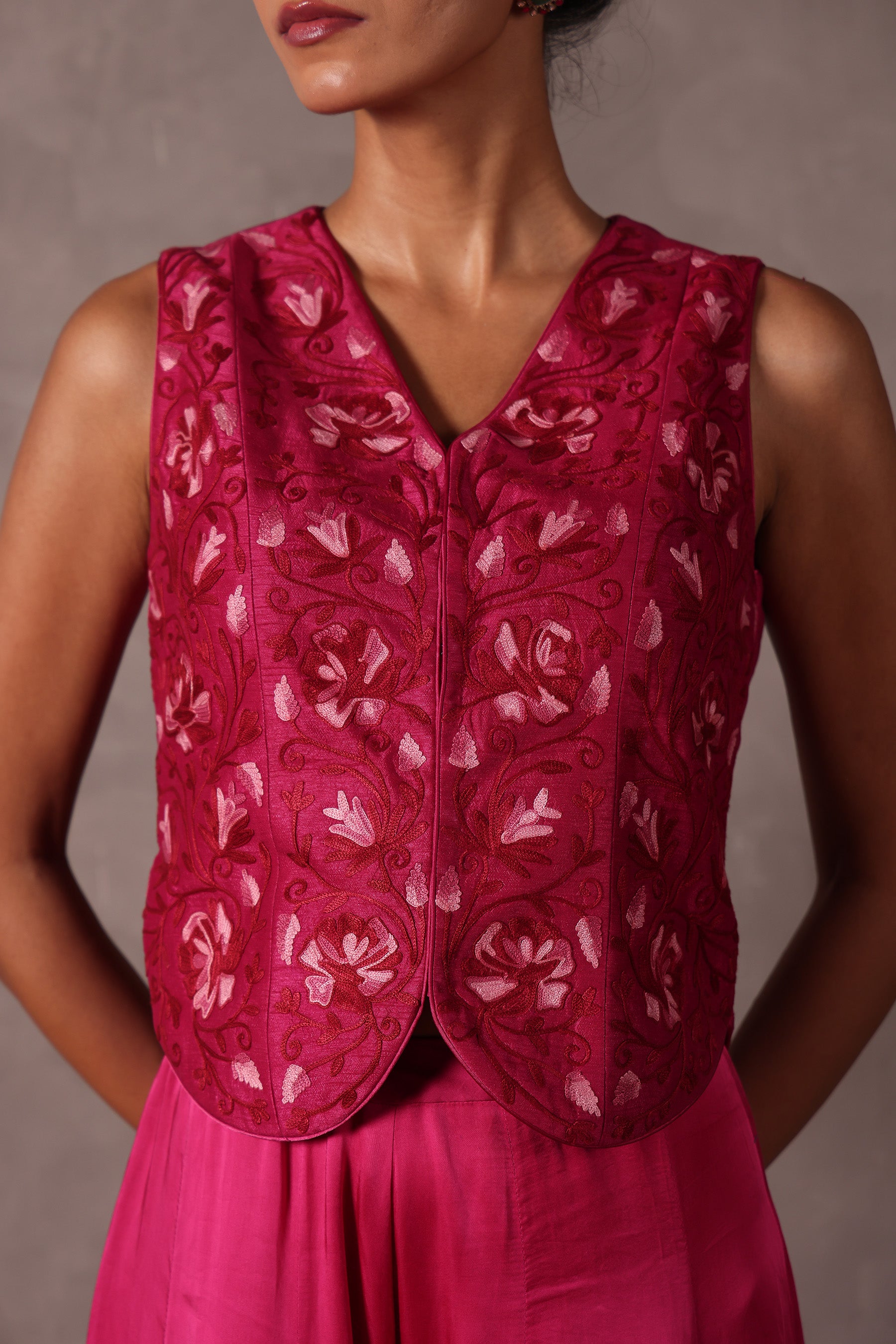 Hot Pink Kashmiri Raw Silk Sharara Jacket Set